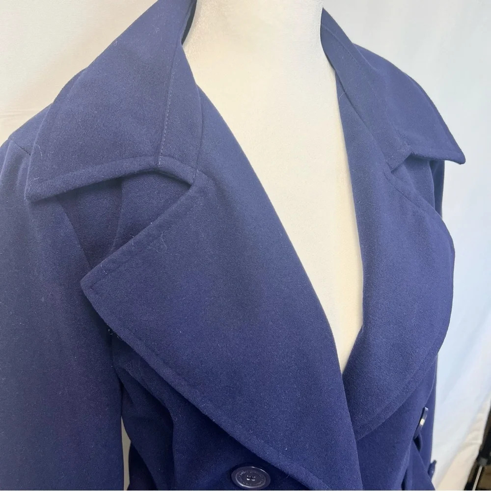 JOUJOU Double Breasted Navy Blue Belted Wool Trench Coat with Lining Size Large - Picture 5 of 16